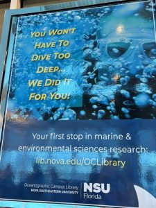 Blue promotional poster with a scuba diver background and the headline 'You won't have to dive too deep... we did it for you!' for NSU Florida's Oceanographic Campus Library (Nova Southeastern University).