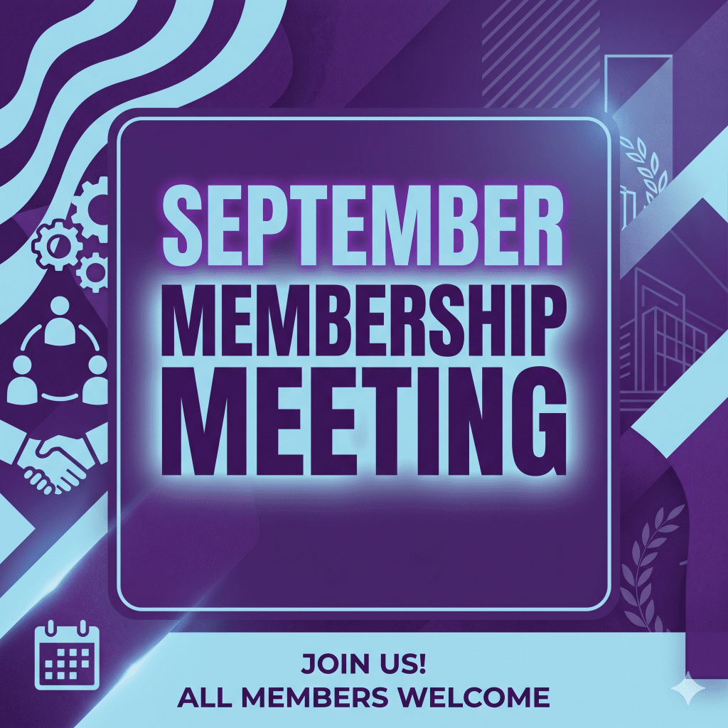 Poster announcing September Membership Meeting with a 'Join Us! All Members Welcome' call to action in blue and purple tones.