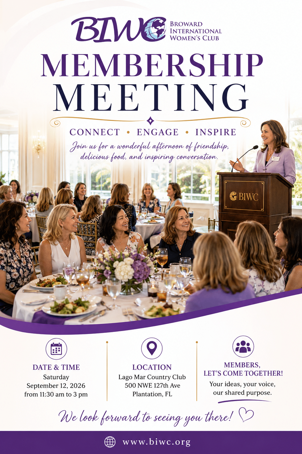 BIWC membership meeting promotional flyer with logo, speaker at podium and seated guests; includes date, time, location and website
