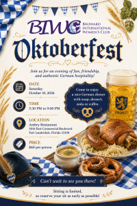 Poster for Broward International Women's Club Oktoberfest featuring Bavarian flags, beer mug, pretzels, sausages, and German-themed decor; includes date, time, location, and price details.