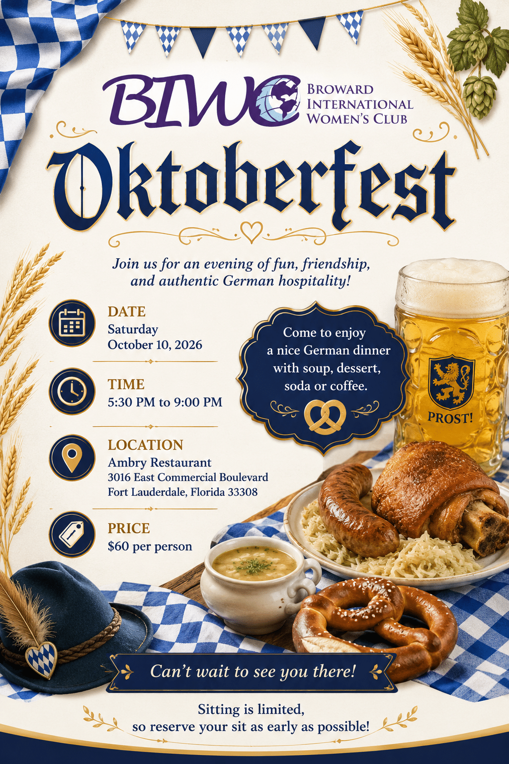 Poster for Broward International Women's Club Oktoberfest featuring Bavarian flags, beer mug, pretzels, sausages, and German-themed decor; includes date, time, location, and price details.